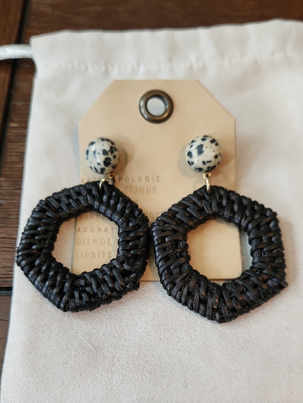 ANTHROPOLOGIE BLACK RATTAN POST BEAD DANGLE OCTAGON NWT